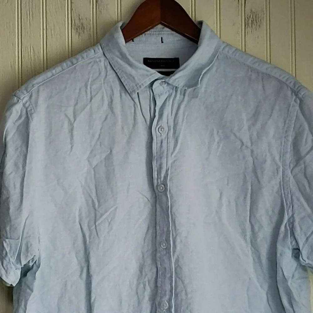 Banana Republic Shirt Mens Large Blue Linen Short Sleeve Button Up Slim Fit